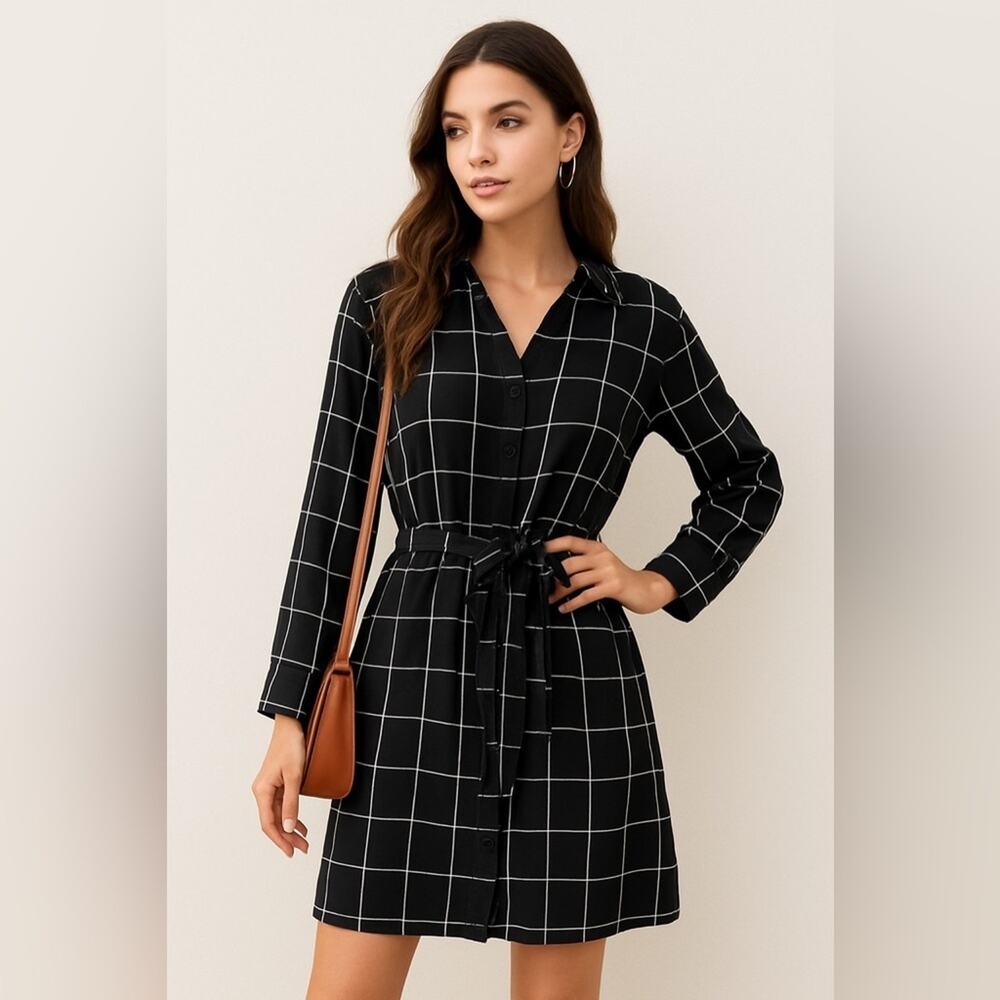 Have Black and White Grid Pattern Print Long Sleeve Shirt Dress Size Large